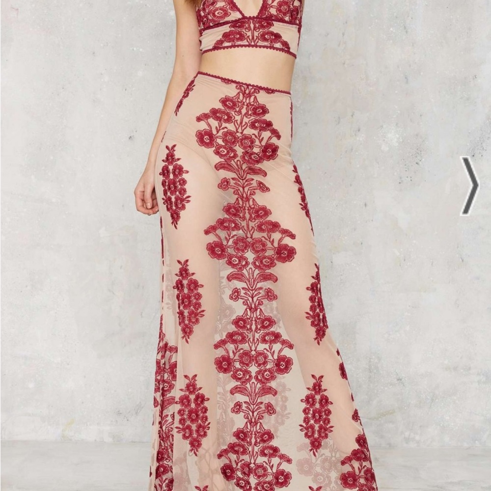For Love and Lemons Temecula Maxi Skirt set in Red and Nude colors